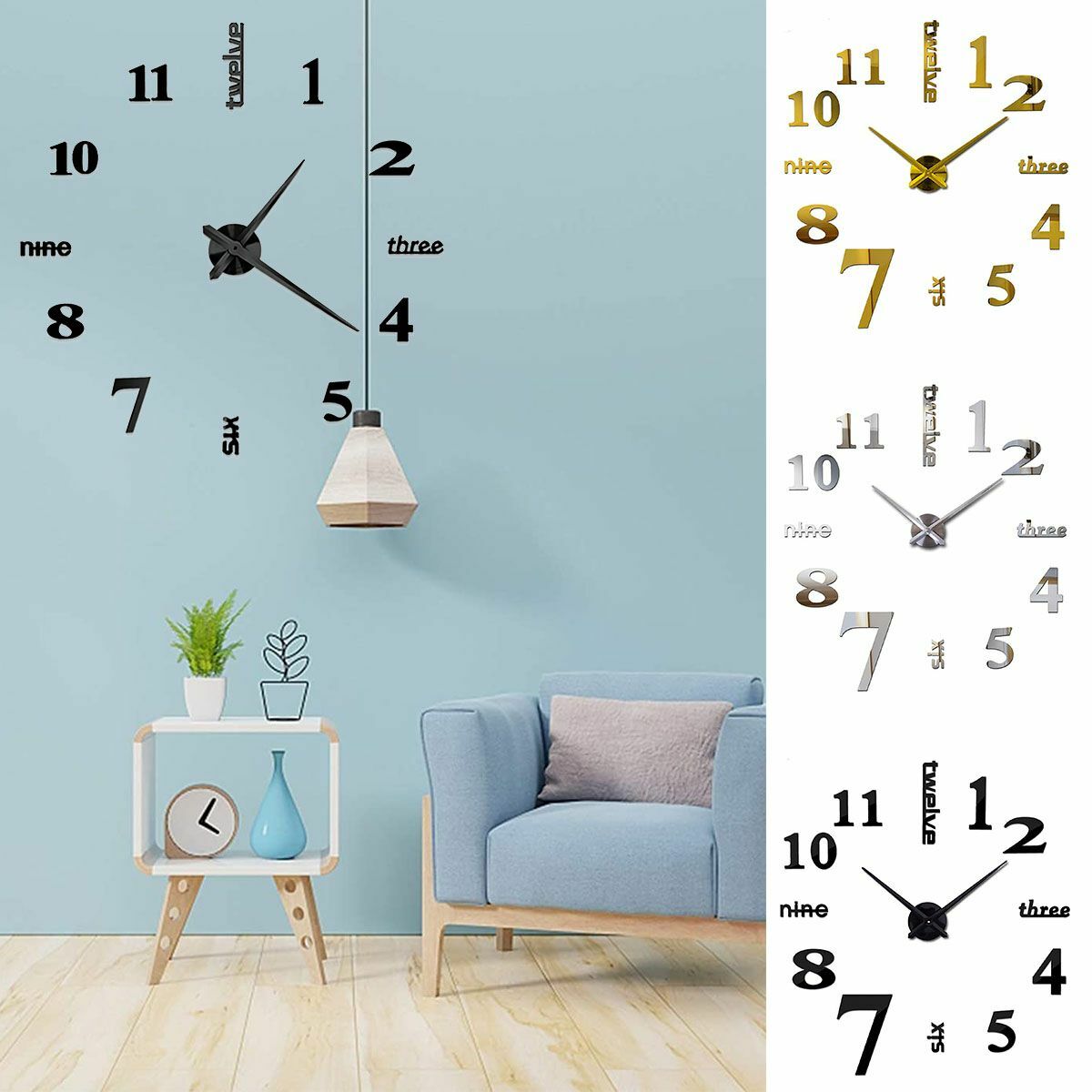 Modern DIY Large Wall Clock 3D Mirror Surface Sticker Home Office Room Decor Set gallery