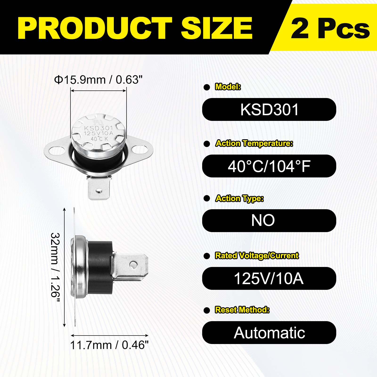 2Pcs KSD301 Snap Disc Temperature Switch, 40°C/104°F 10A for Oven , NO gallery