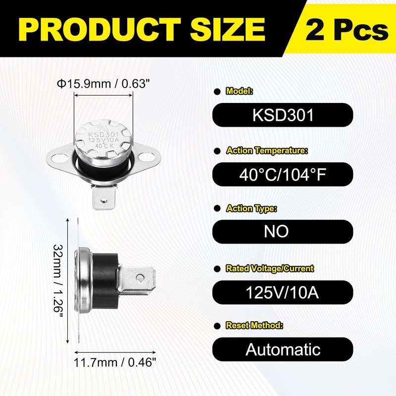 2Pcs KSD301 Snap Disc Temperature Switch, 40°C/104°F 10A for Oven , NO gallery