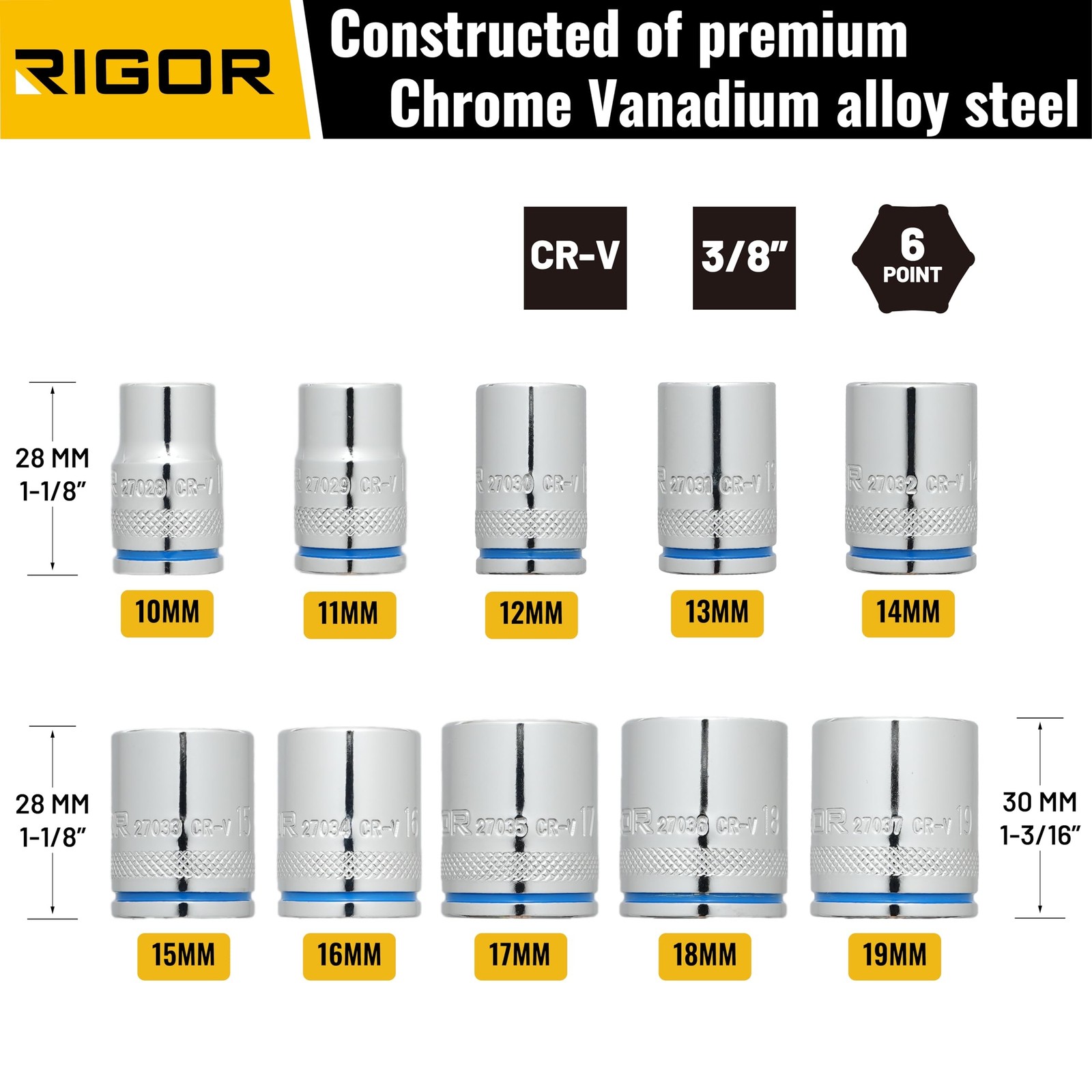 RIGOR 27027 Max-Grip Non-Slip Standard Socket Set, 10-Piece | Anti-Slip Chrom... gallery