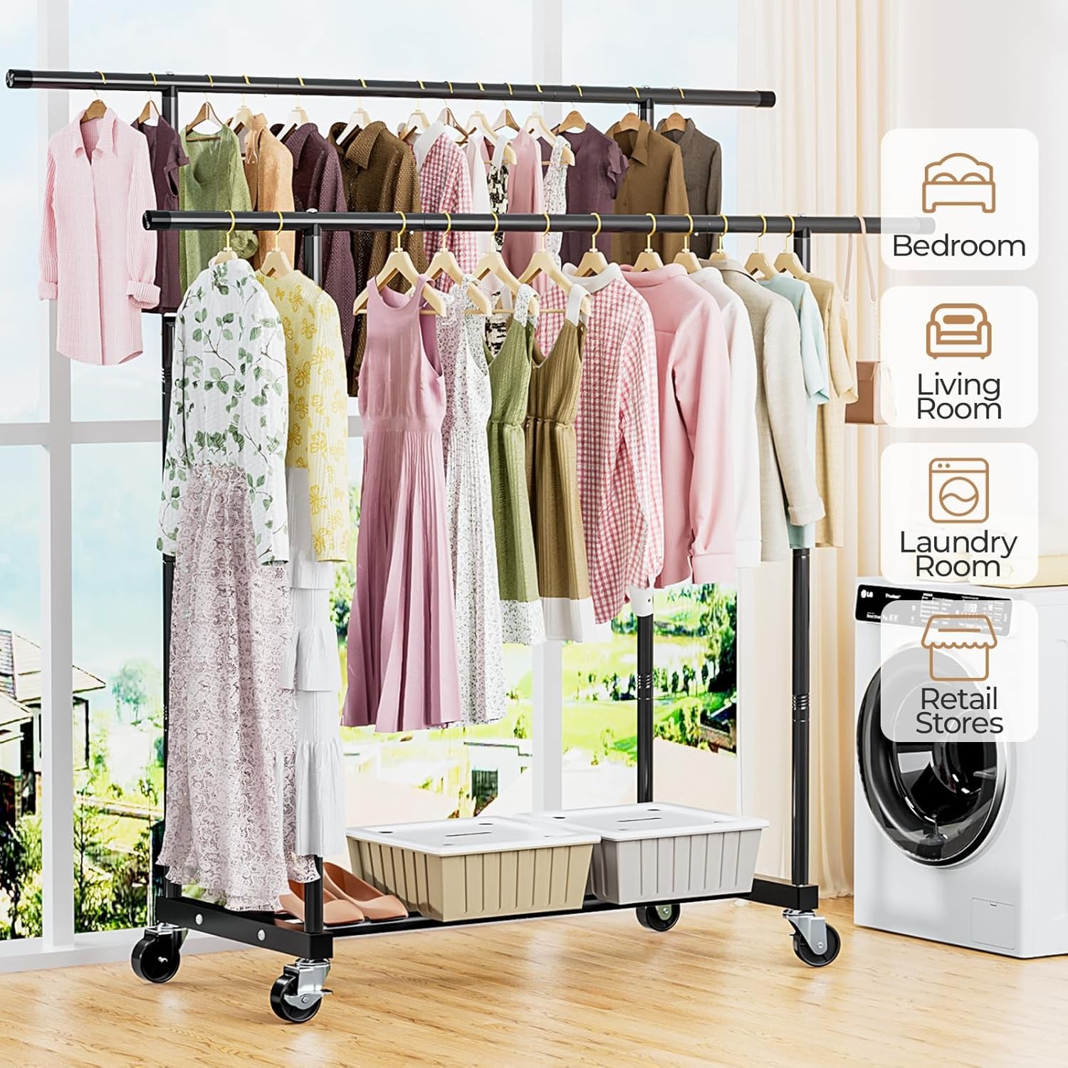 Abiglifty Double Rods Clothes Rack for Hanging Clothes Clothing Rack with Wheels gallery