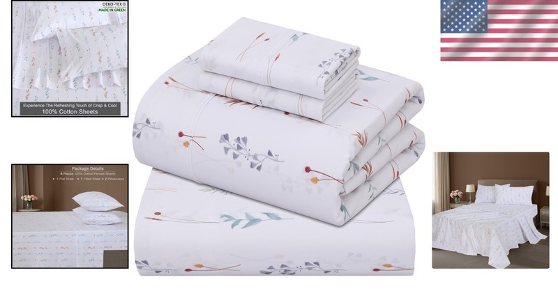 Queen Size 100% Cotton Percale Sheets Set - Cooling, Breathable Floral Design gallery