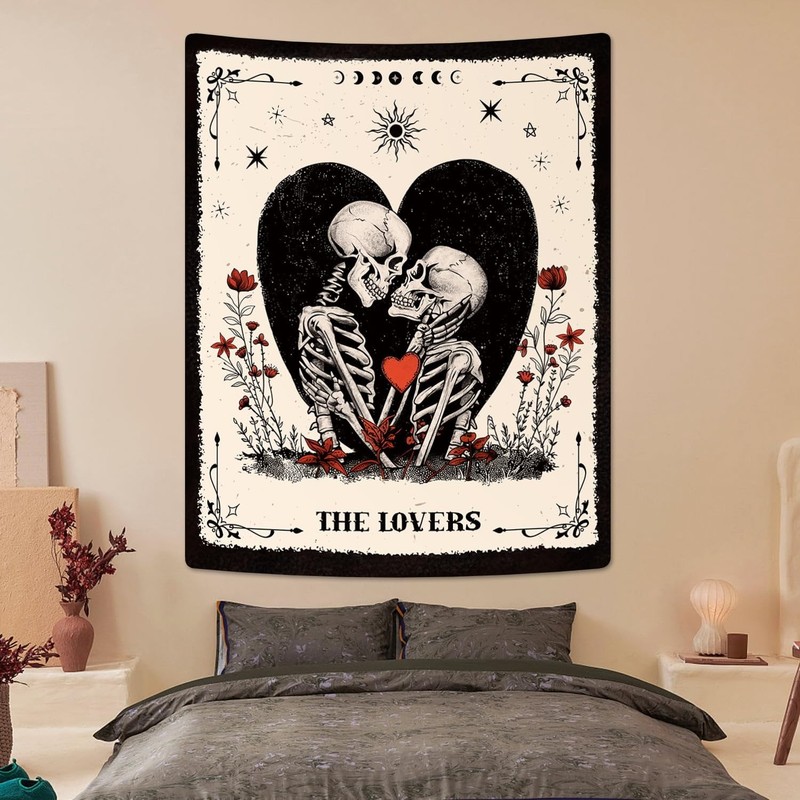 The Lovers Skull Tapestry Wall Hanging Black and White Skeleton Tapestries Ver gallery