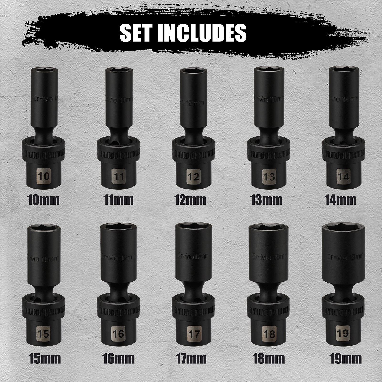 10 Piece 3/8" Drive 6 Point Universal Deep Impact Socket Set, Metric, 10mm- 19mm gallery