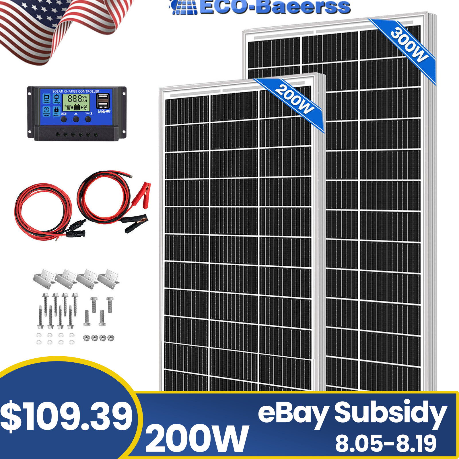 200W 300W Mono Solar Panel Kit 12V Charging Off-Grid Battery Power RV Home Boat gallery