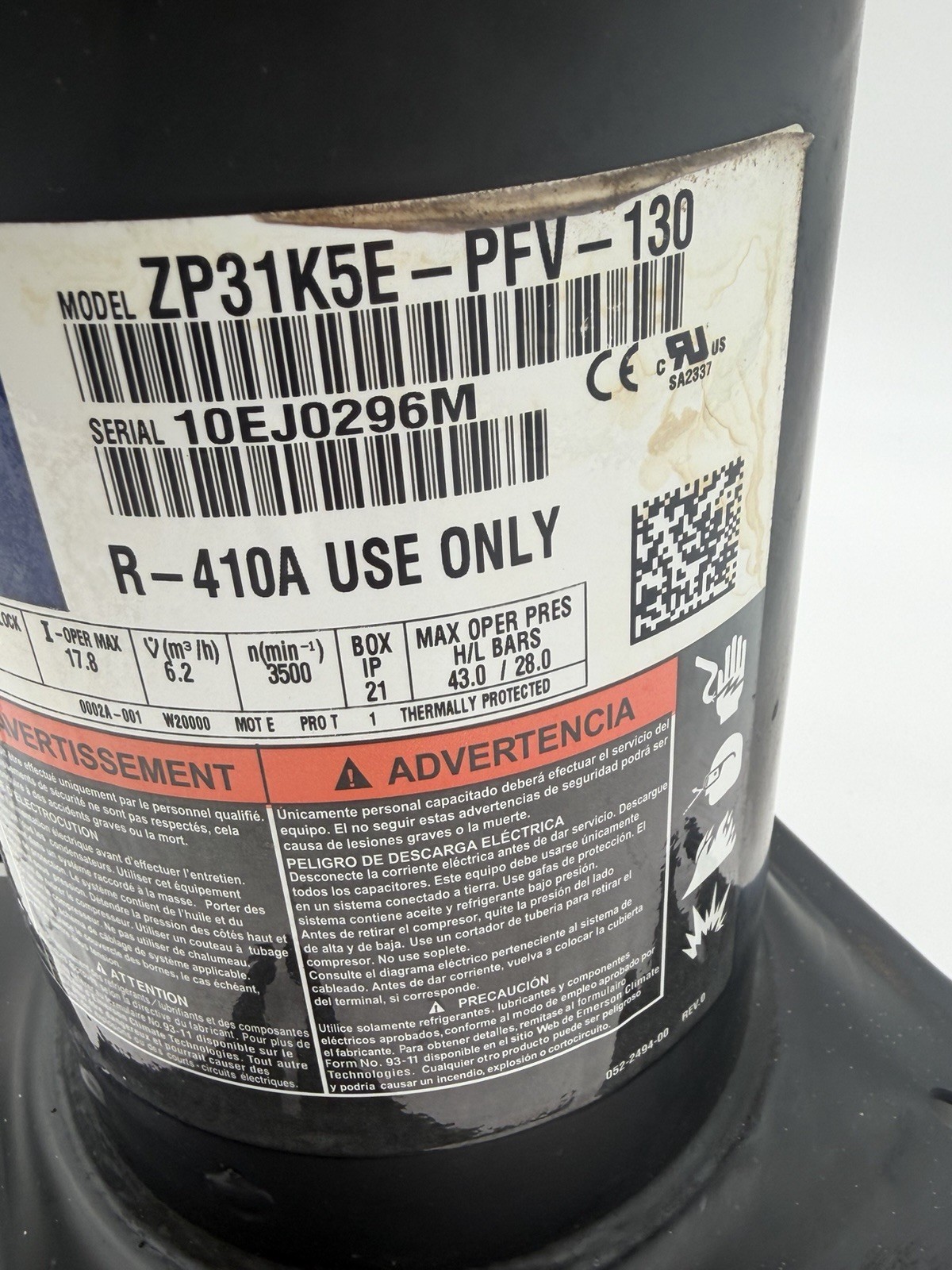 ZP31K5E-PFV-130 Copeland Scroll Compressor ZP31K5E-PFV-830 R410A 208/230V 1 PH gallery