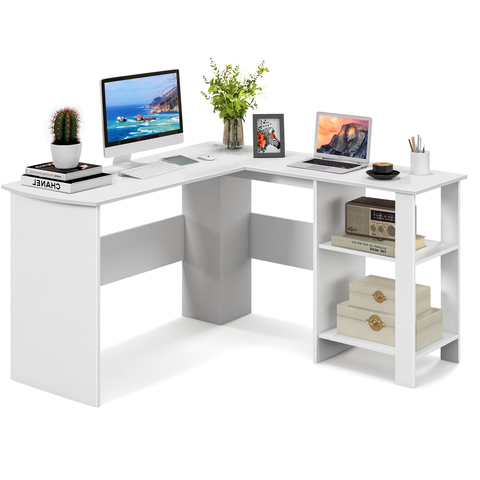 L-shaped Corner Computer Desk Home Office Writing Workstation w/ Storage Shelves gallery