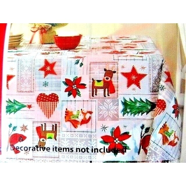 Homespun Patchwork Vinyl Tablecloth Animals Poinsettia 52 x 70-in PVC-Free Gift gallery