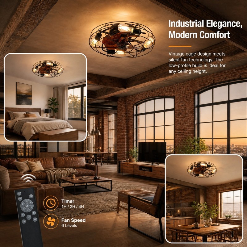 20" Ceiling Fan Light Flush Mount Farmhouse Caged Lights kit With Remote Control gallery
