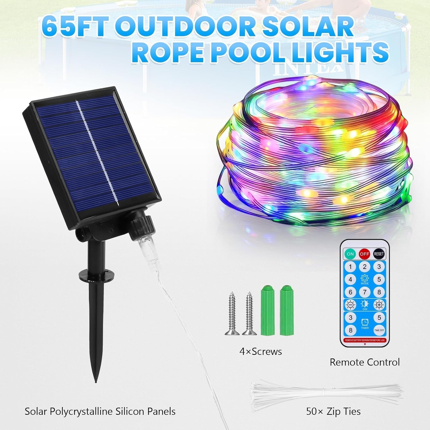 65Ft Solar Pool Lights for above Ground Pools, 180 Leds Remote IP65 Waterproo... gallery