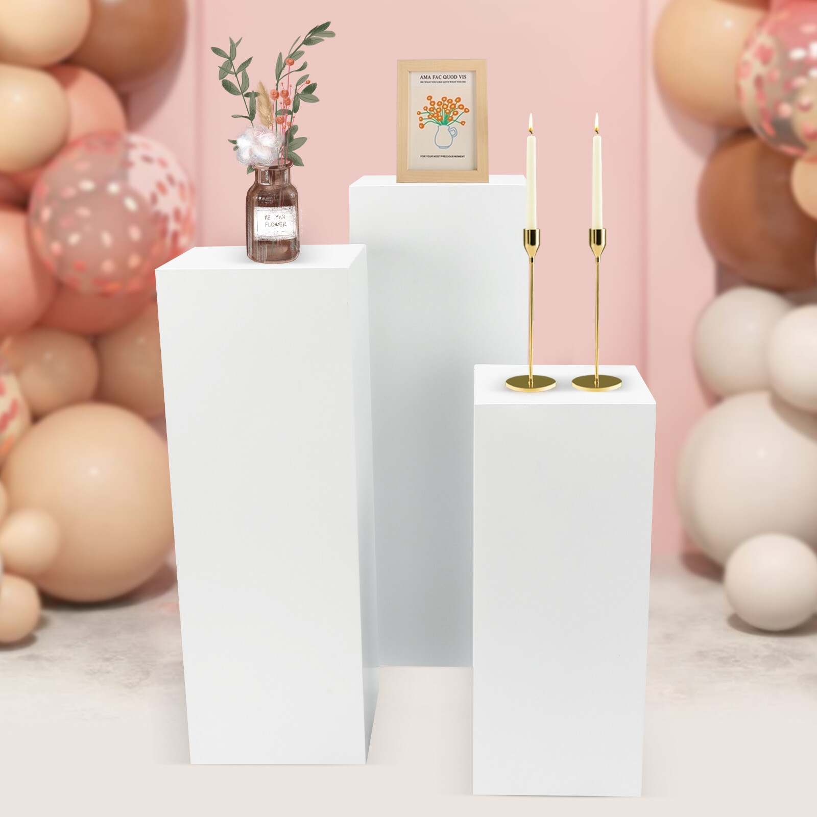 Flower Display Stands White 3 Piece Square Metal Pedestals for Wedding Decor gallery