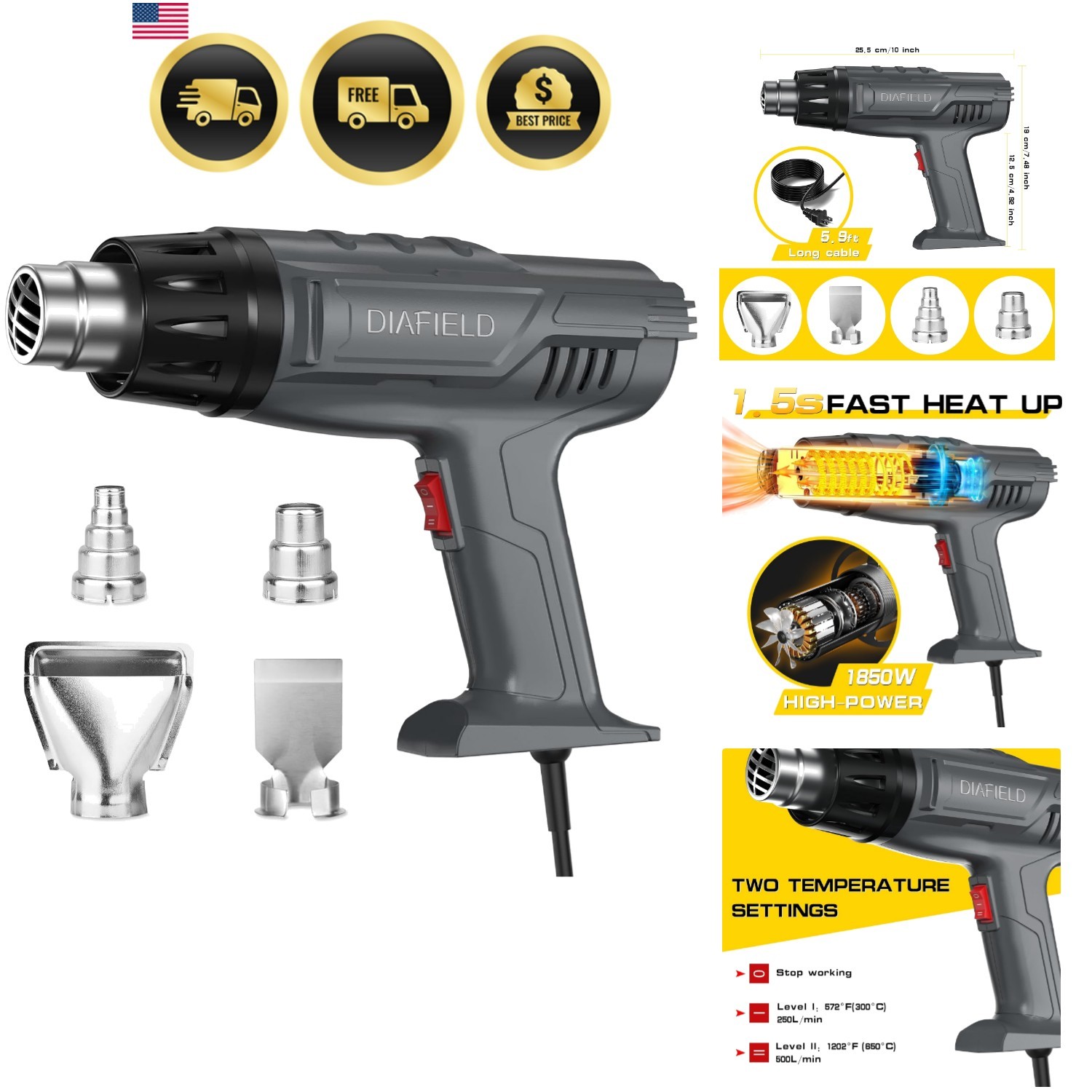 1850W Heat Gun, Dual Temperature Settings, Fast Heat Hot Air Gun, Durable& Ov... gallery