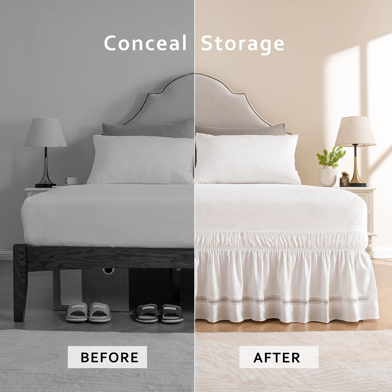 Wrap Around Ruffled Lace Bed Skirt, Elastic Dust Ruffle with Adjustable Belts... gallery