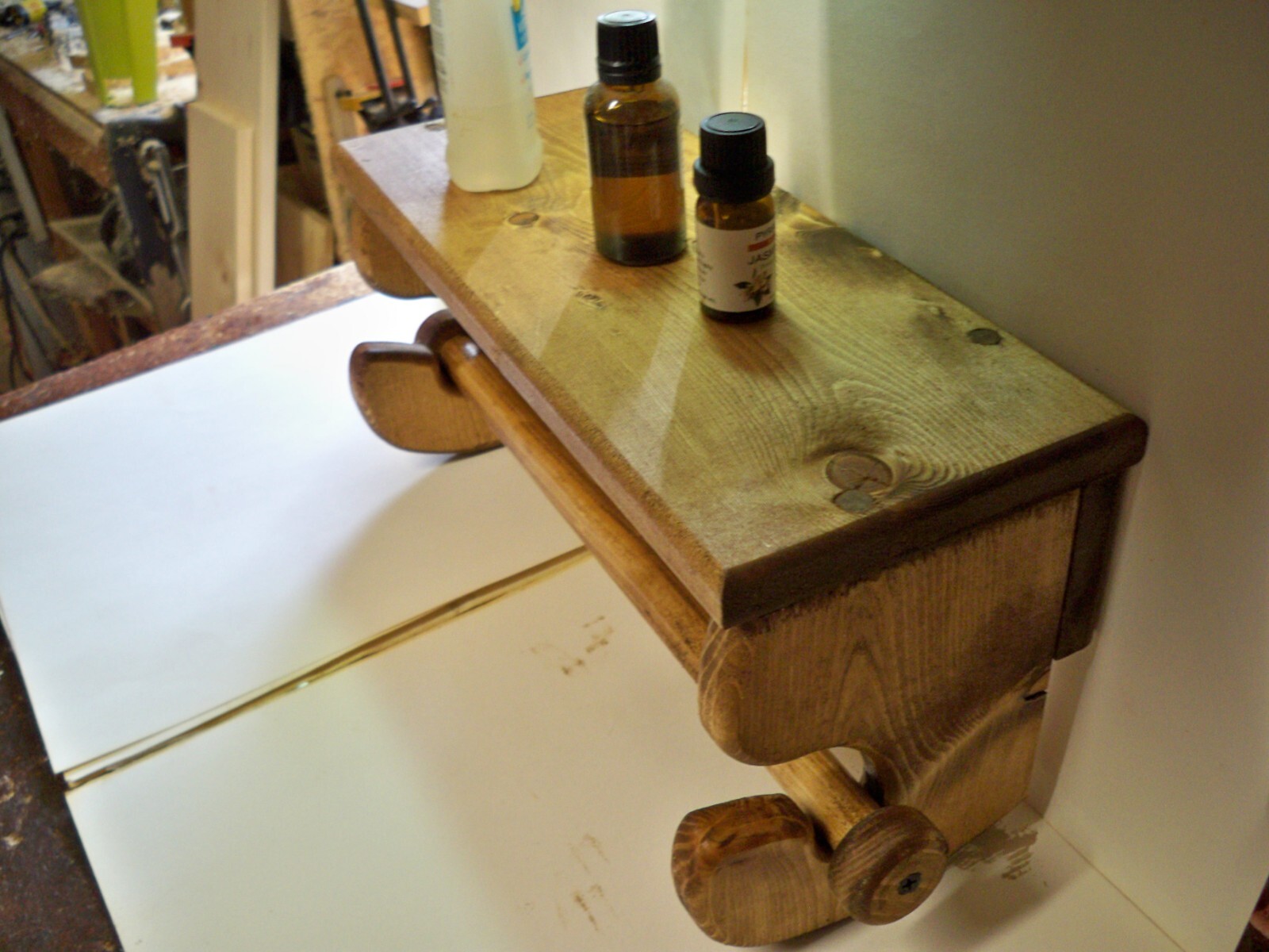 Handcrafted Pine Wood Paper Towel  Holder with Shelf (screws added with item) gallery