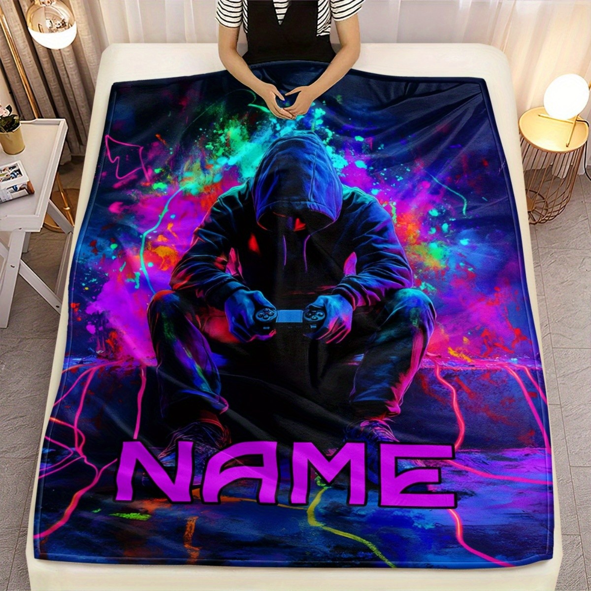 Custom Name Neon Glow Blanket Personalized Gaming Design with Luminous Letter gallery