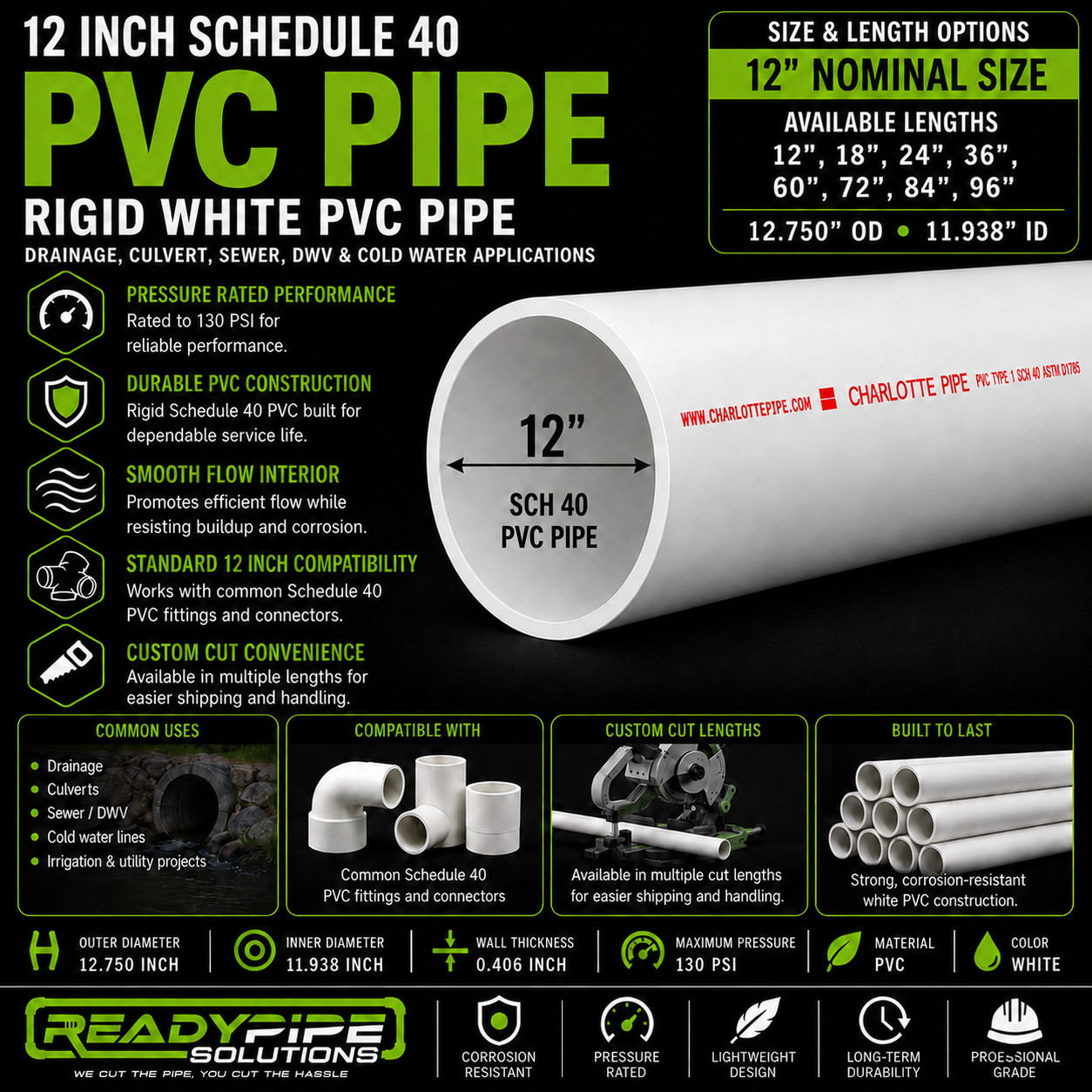 12" PVC Pipe | Schedule 40 | Custom Cut Lengths 12"-96" | Culvert & Plumbing gallery
