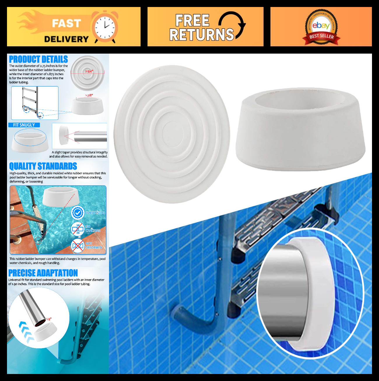 2-Pack White Pool Ladder Bumpers - Rubber End Caps for 1.9" Inground Ladders gallery
