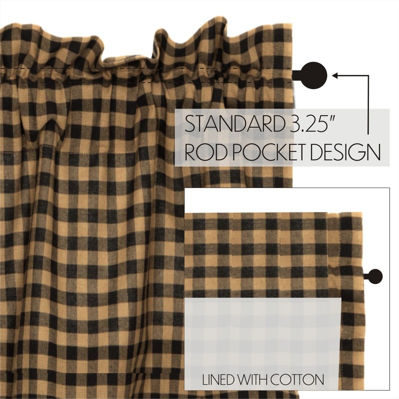 Black & Dark Tan Check Drawstring Prairie Swag Set w/ White Cotton Lining 72" W gallery