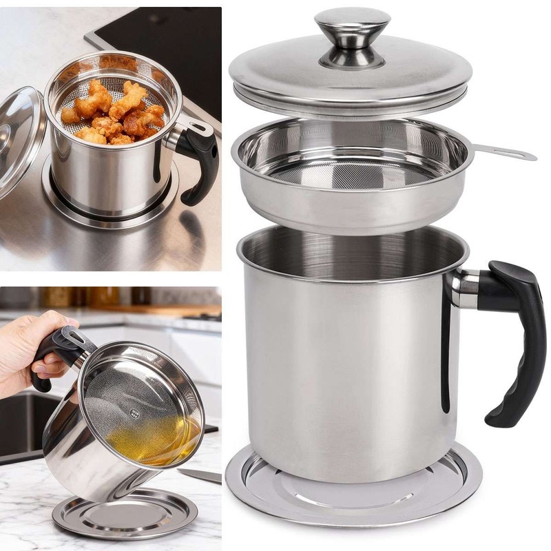 48Oz/60 Oz Bacon Grease Container with Strainer & Lid, Stainless Steel Oil Pot gallery