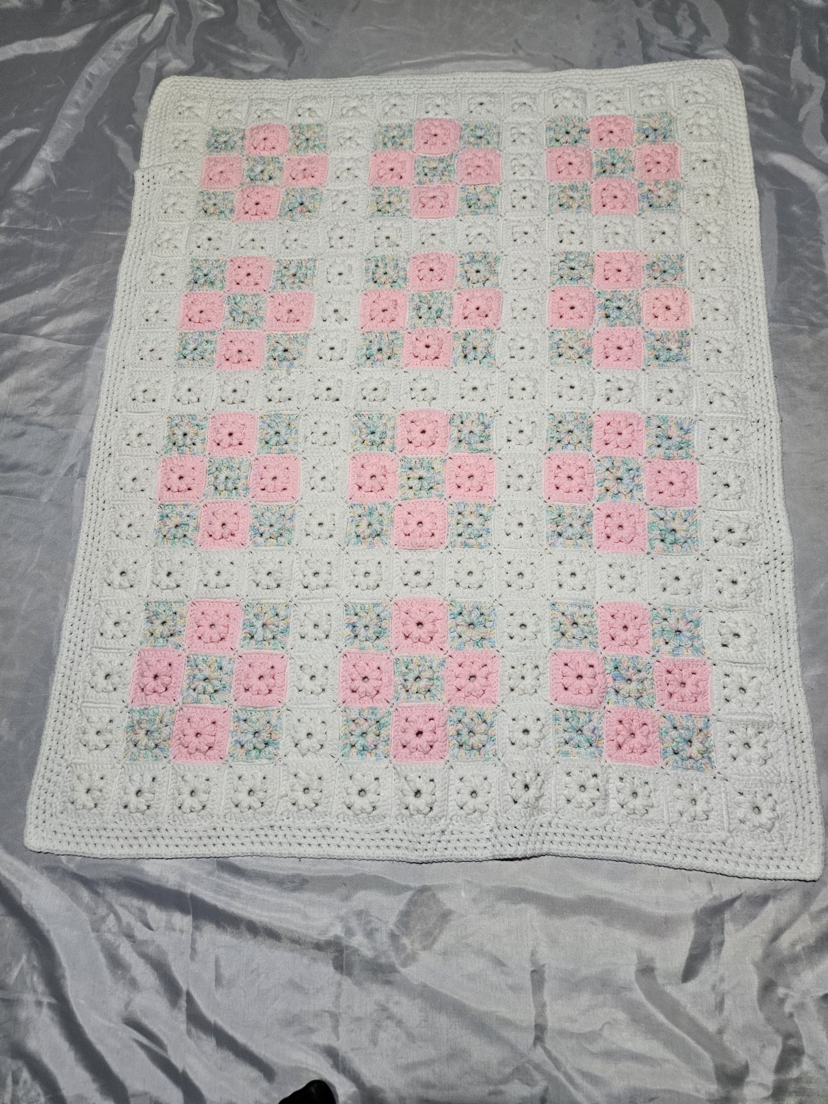 3D Granny Square Afghan Handmade 38in X 49in. pink/white Handmade gallery