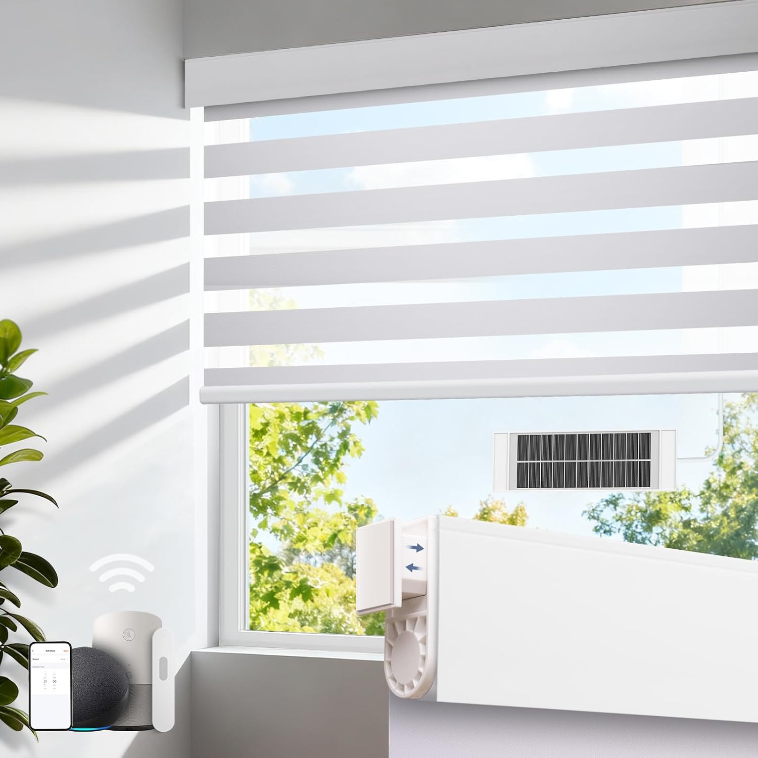 Remote Motorized Zebra Blinds, Cordless, Solar, 50%-75% Blackout, 46"x72 gallery
