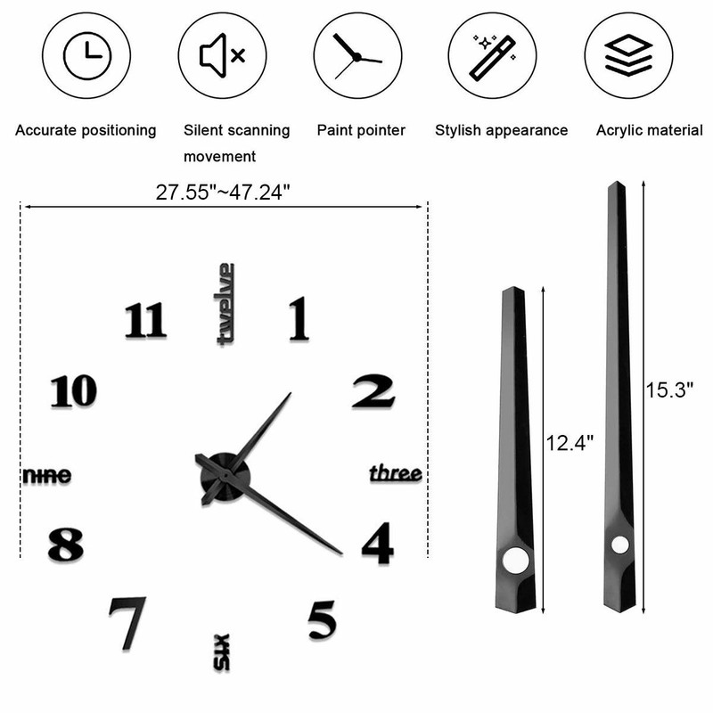 Modern DIY Large Wall Clock 3D Mirror Surface Sticker Home Office Room Decor Set gallery