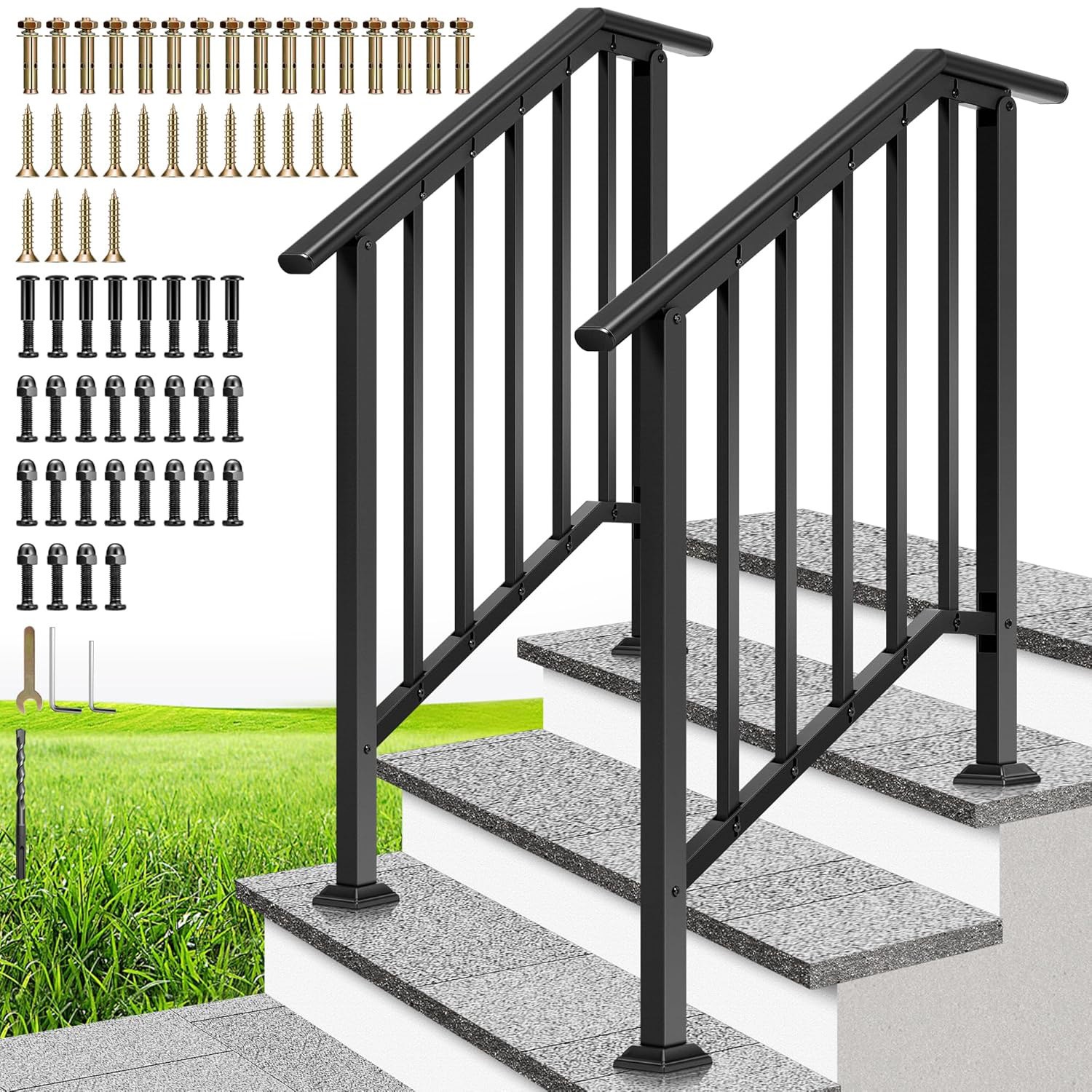 2Pack 3 Step Galvanized Steel Step Handrail Stair Railing Outdoor Deck Hand Rail gallery