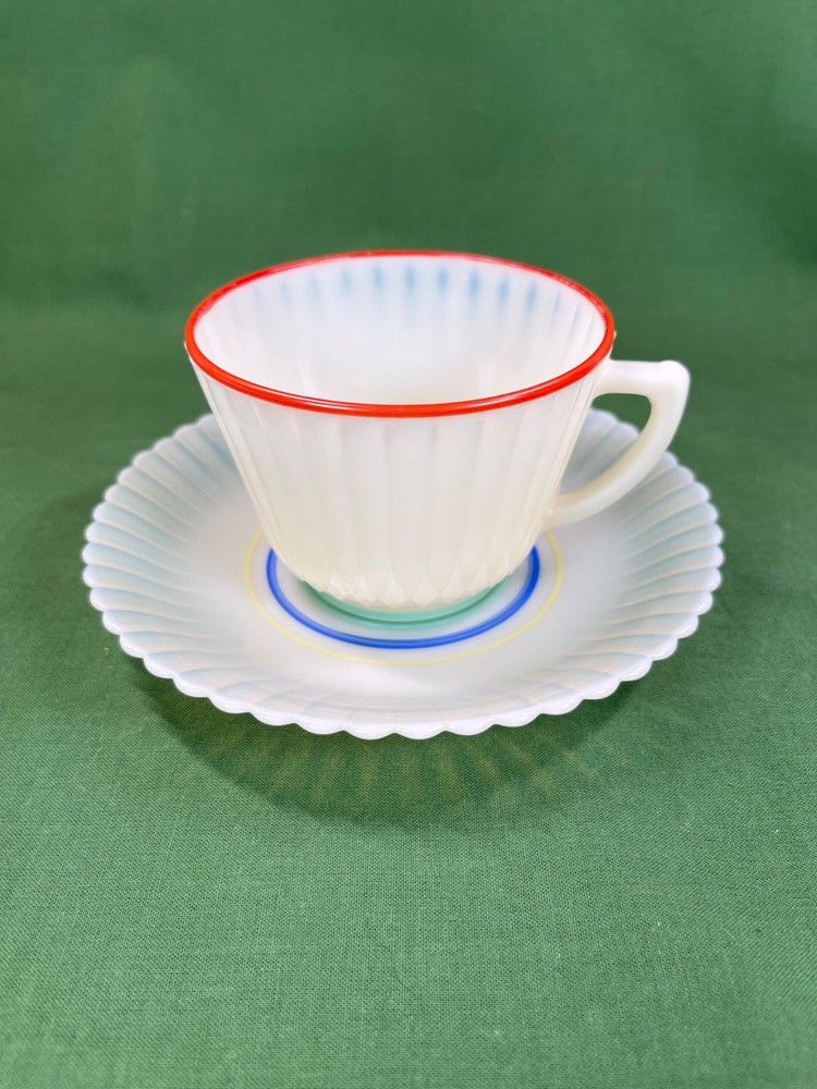 1 ~ MacBeth-Evans Petalware Cremax Primary Color Bands Cup & Saucer Set UV RARE