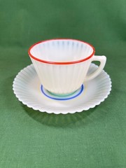 1 ~ MacBeth-Evans Petalware Cremax Primary Color Bands Cup & Saucer Set UV RARE