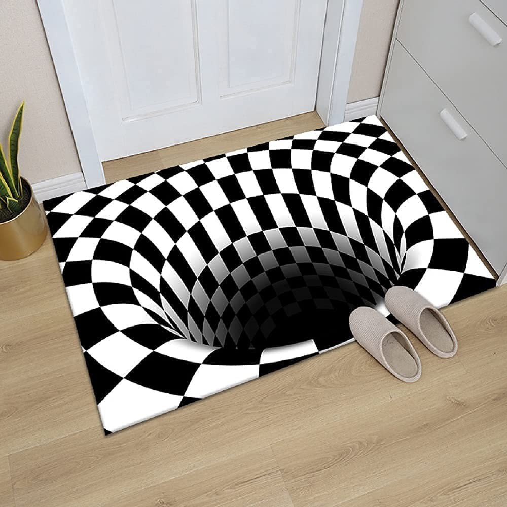 NUYKOUY 3D Visual Optical Floor Mat Black White Plaid Round Rugs Vortex Optic... gallery