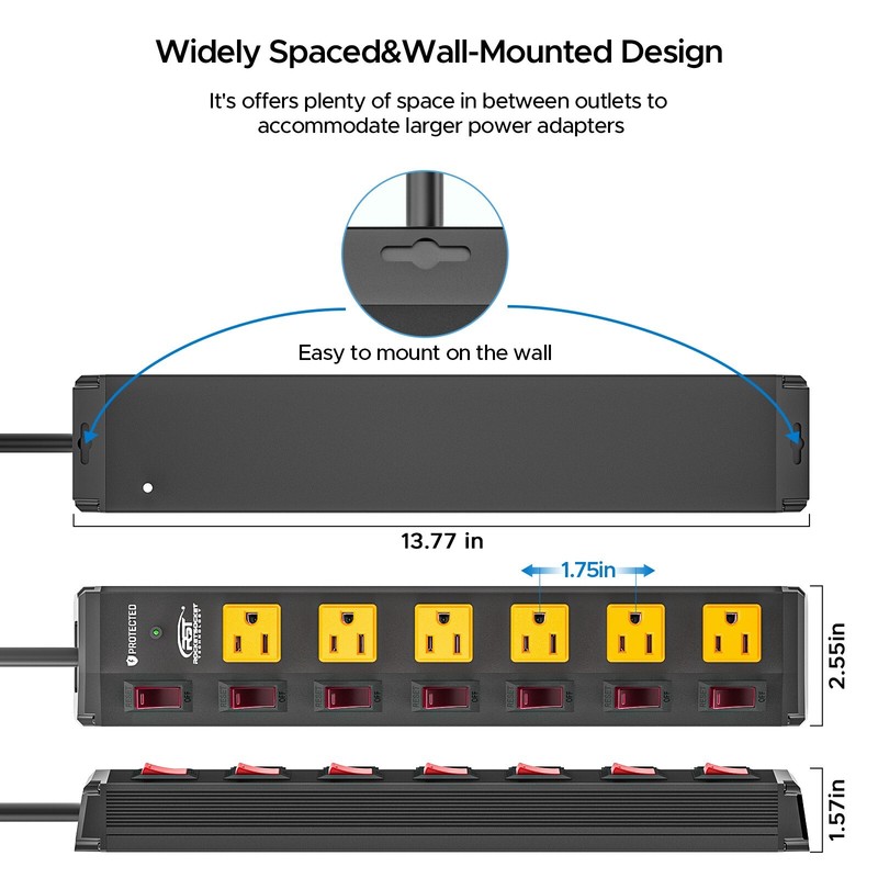 6Outlets Surge Protector Power Strip Individual Switches Flat Plug 6ft Cord 900J gallery