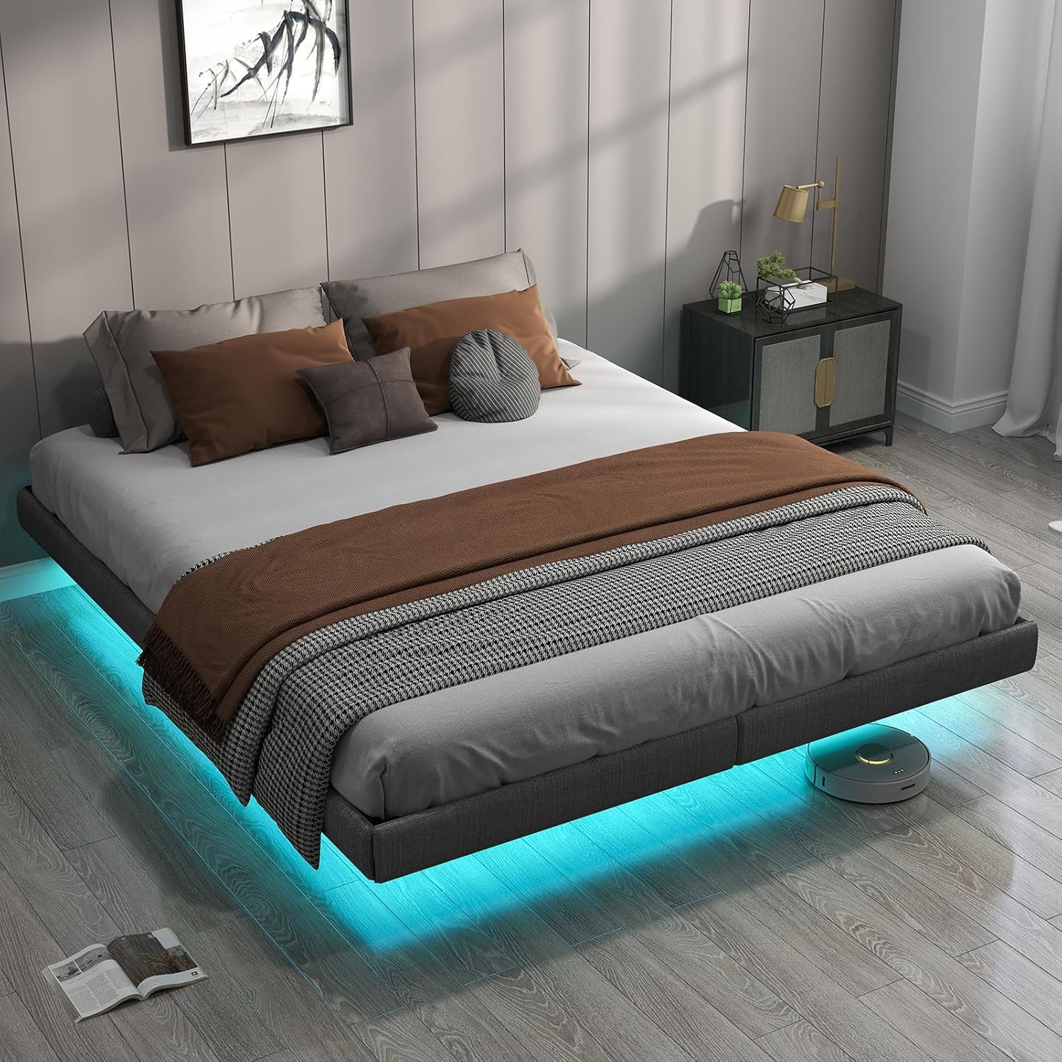 Floating Metal Bed Frame King with LED Lights, King Bed Frame Grey gallery
