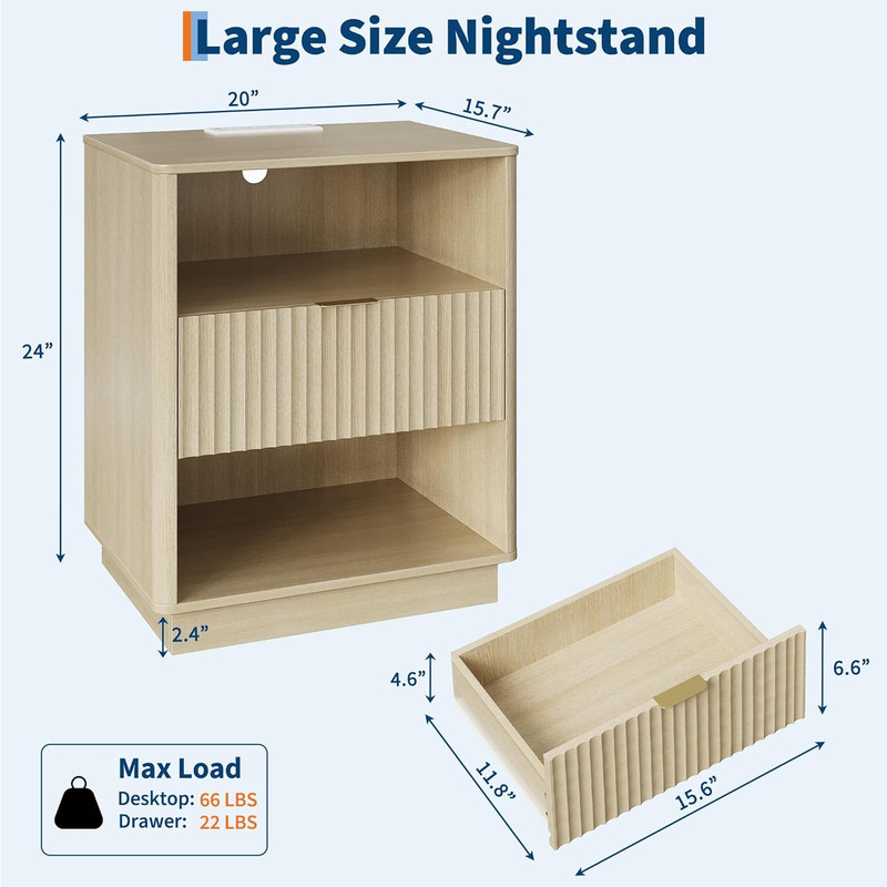 Modern Fluted Nightstand with Charging Station & LED Light, Light Oak gallery
