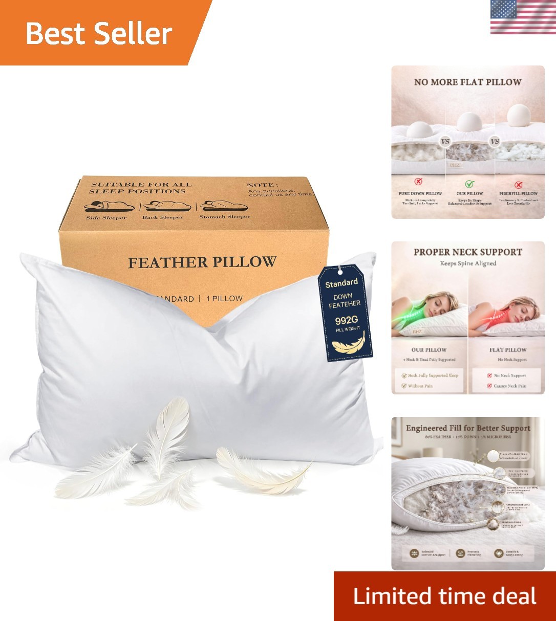 Goose Down Feather Standard/Queen Pillow, Luxury Hotel Collection Bed Pillow ... gallery