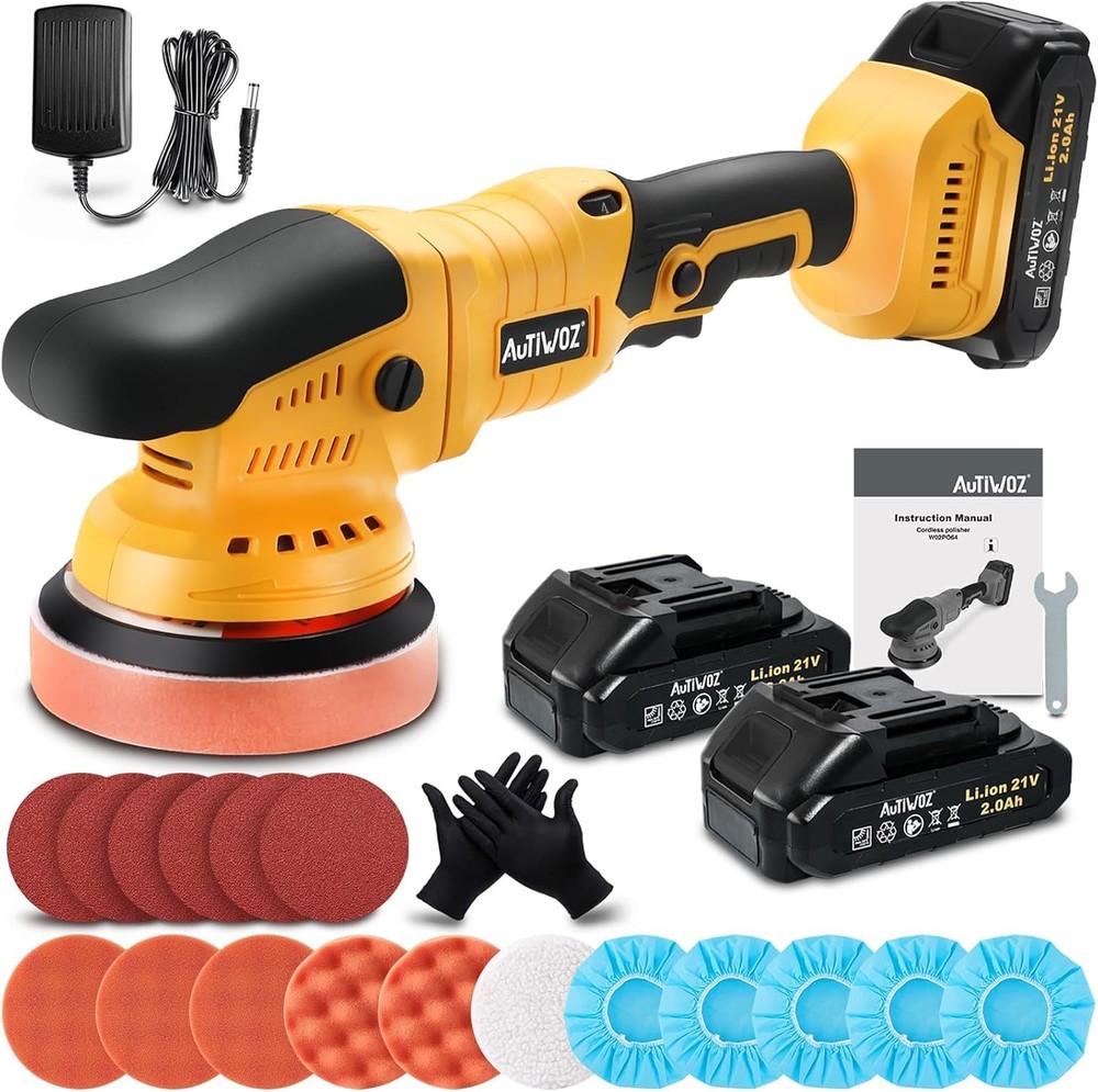 Cordless Car Buffer Polisher, 2x2000mAh 21V Batteries 5 Inch Random Orbital P...