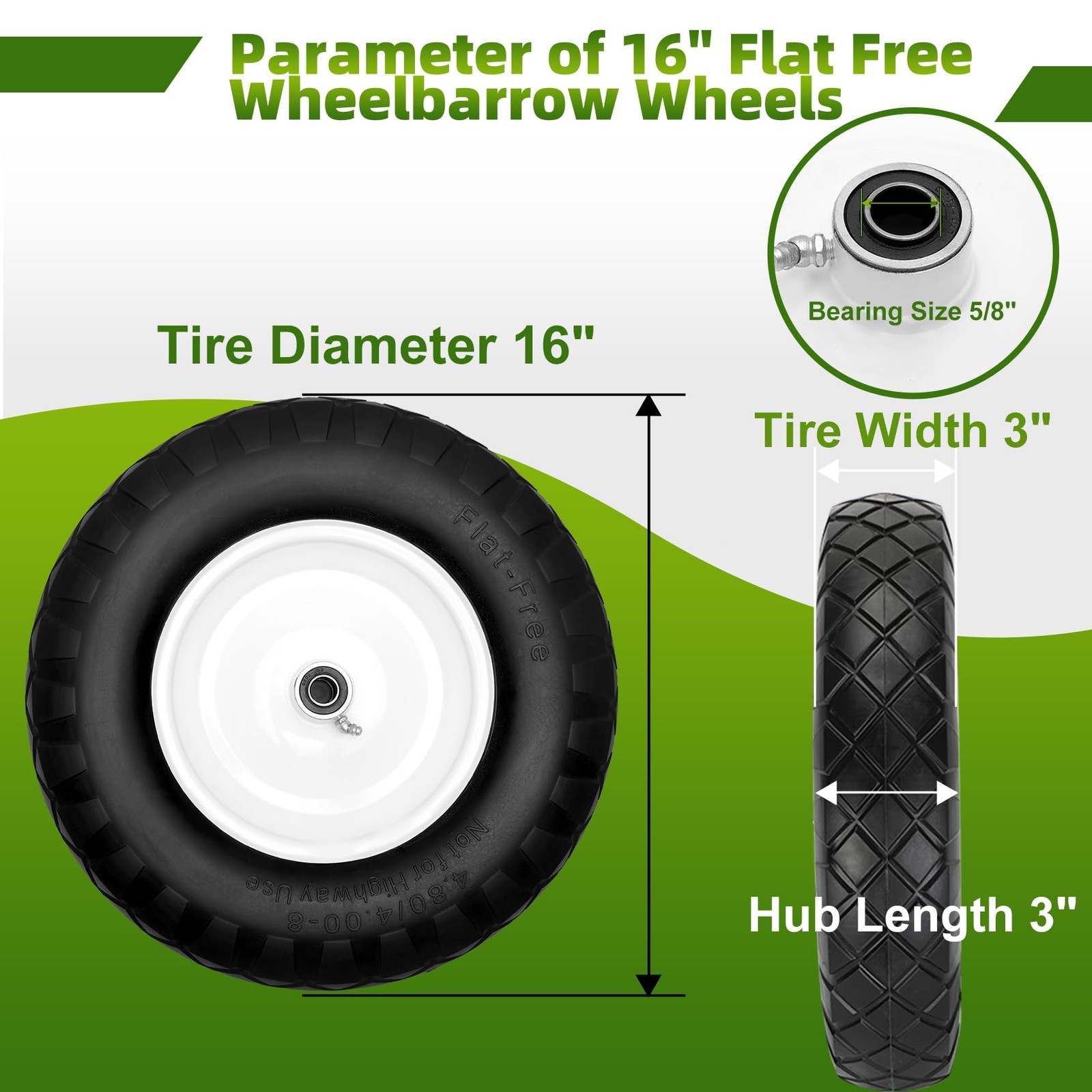16" Flat Free Wheelbarrow Wheels & Tires 4.80/4.00-8 | 5/8"&3/4" Bearings | gallery