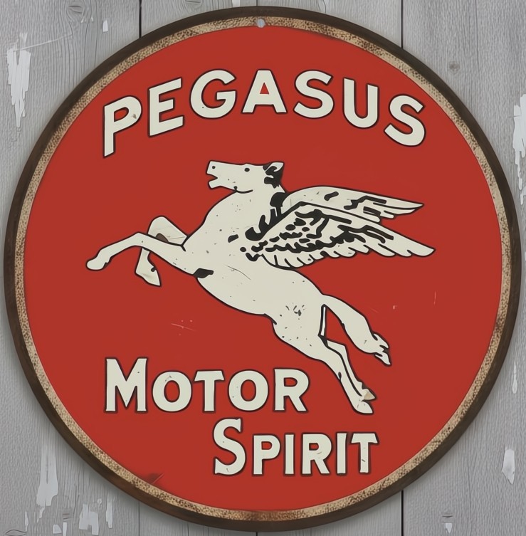 Pegasus Motor Spirit 12" Diameter Vintage Novelty Metal Sign Made In USA New! gallery