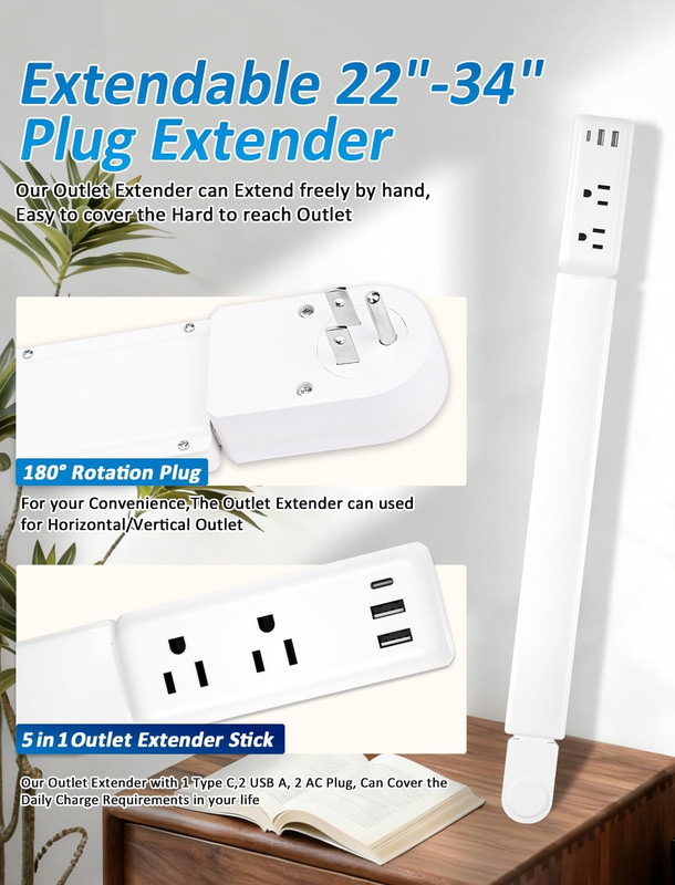 Eletrical Outlet Extender Stick 22"-34" Vertical Power Socket Expander with 2 AC gallery