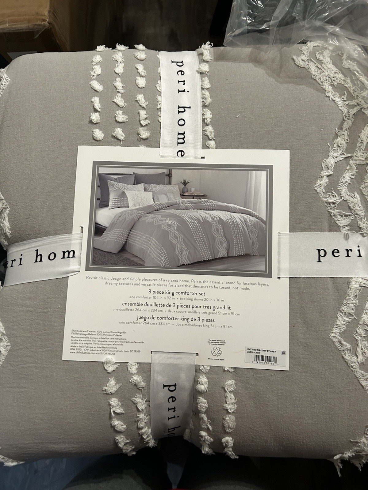 Peri Home King 3 piece Comforter Set NWT Grey With White trim Boho Farmhouse Cot gallery