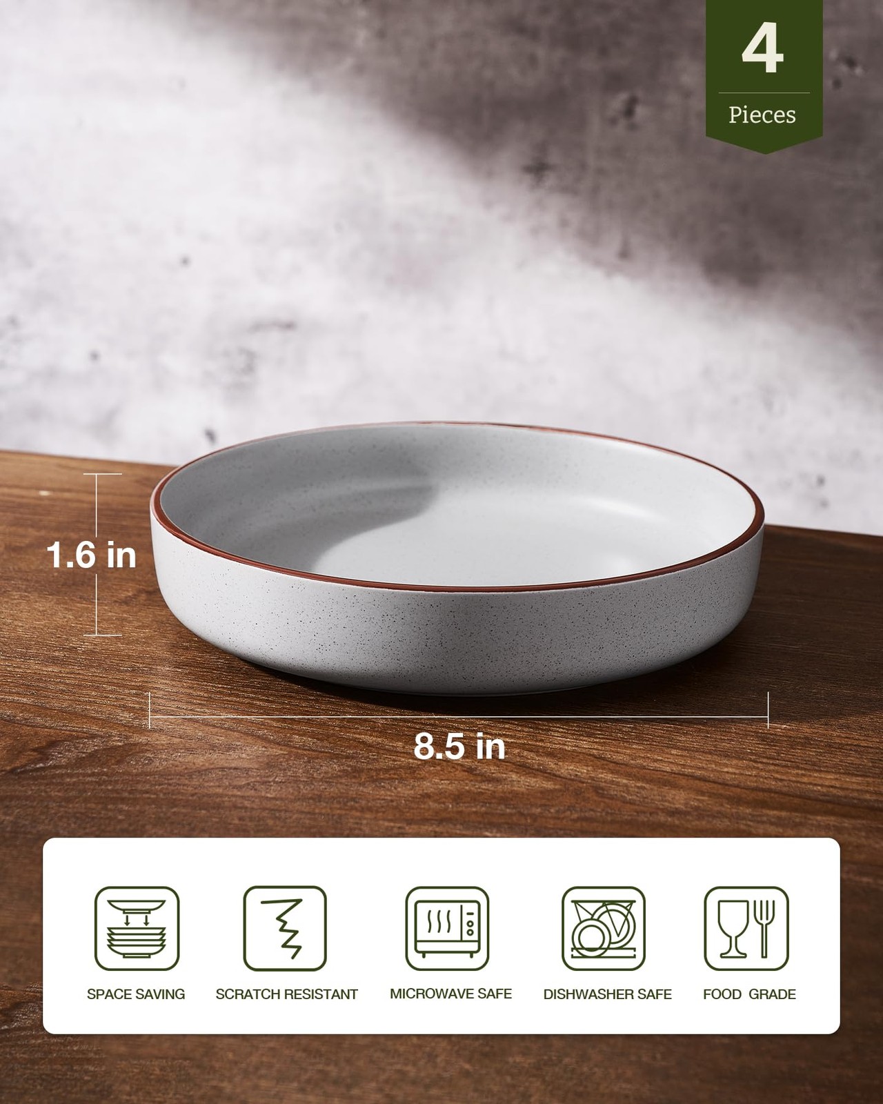 famiware Mercury 33oz Large Ceramic Pasta & Salad Bowls - Set of 4, Light Gray gallery