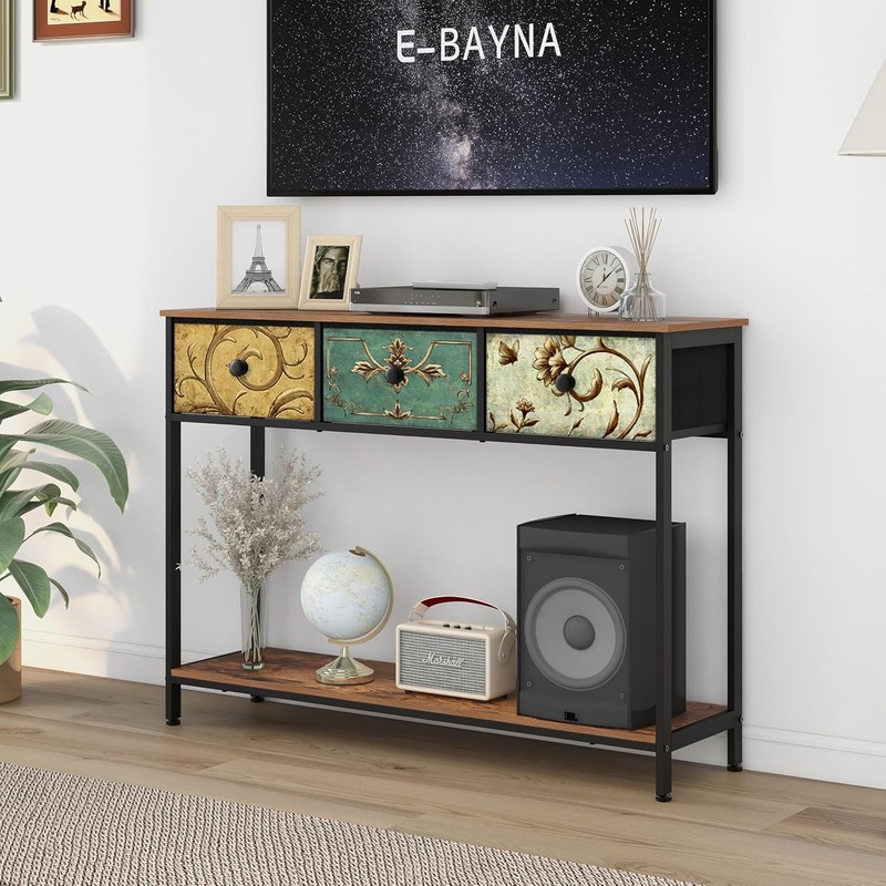 Entryway Console Table Rustic Brown Boho Sofa Table 3 Fabric Drawers Shelf gallery