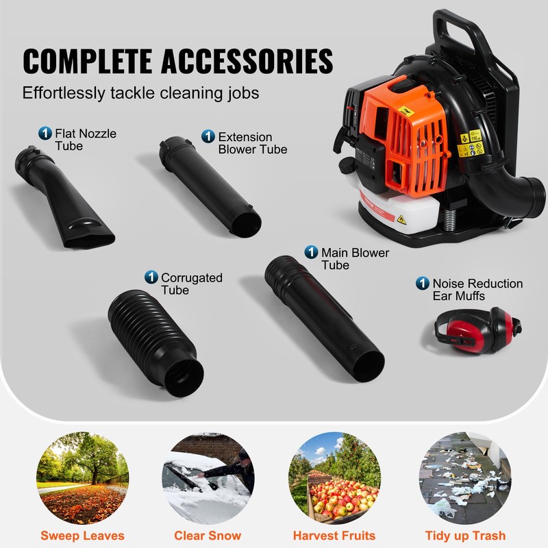 VEVOR Backpack Leaf Blower 62CC 2-Cycle Gas Leaf Blower 1110CFM Air Volume gallery