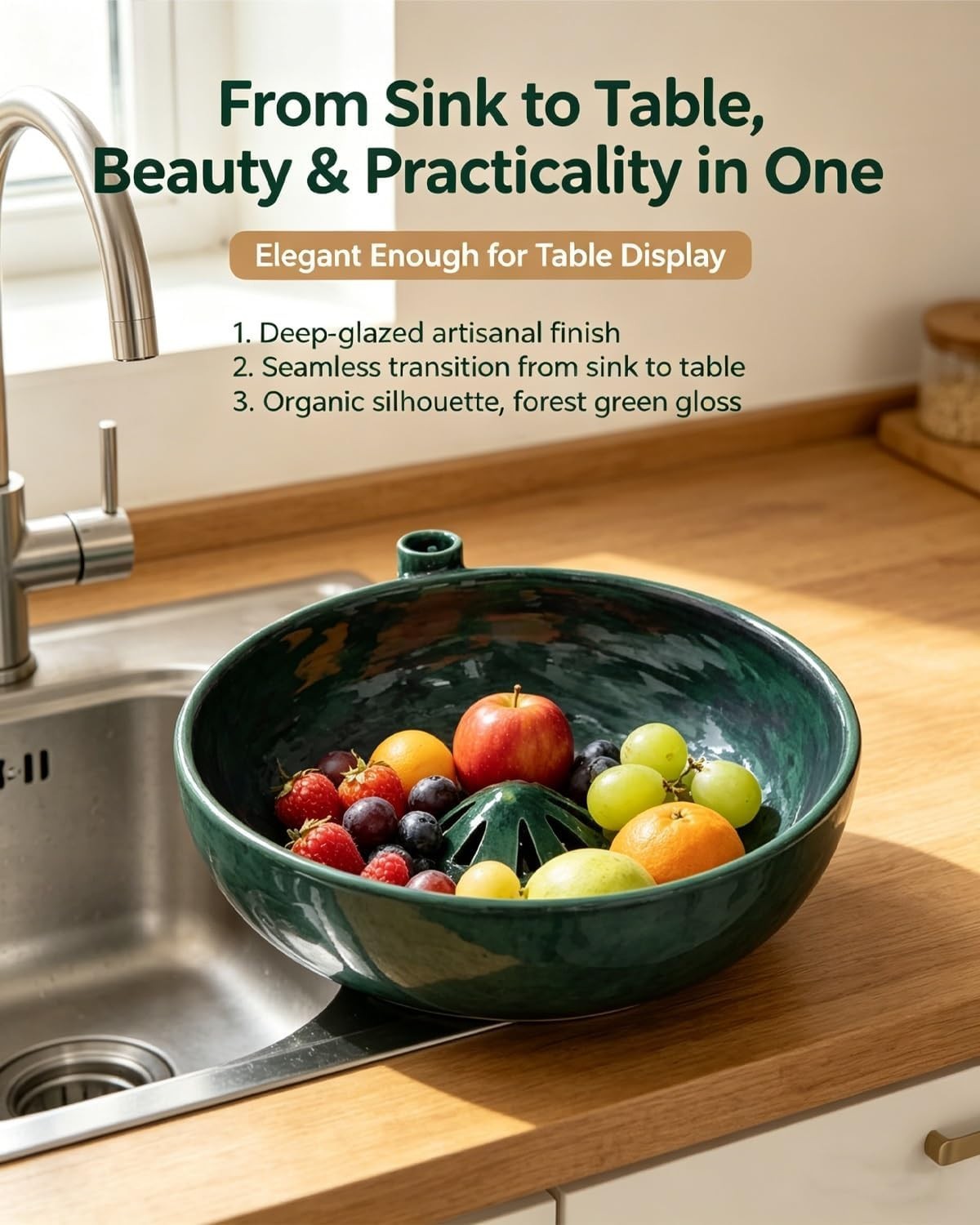 Self Spinning Ceramic Fruit Washing Bowl with Drain Basket gallery