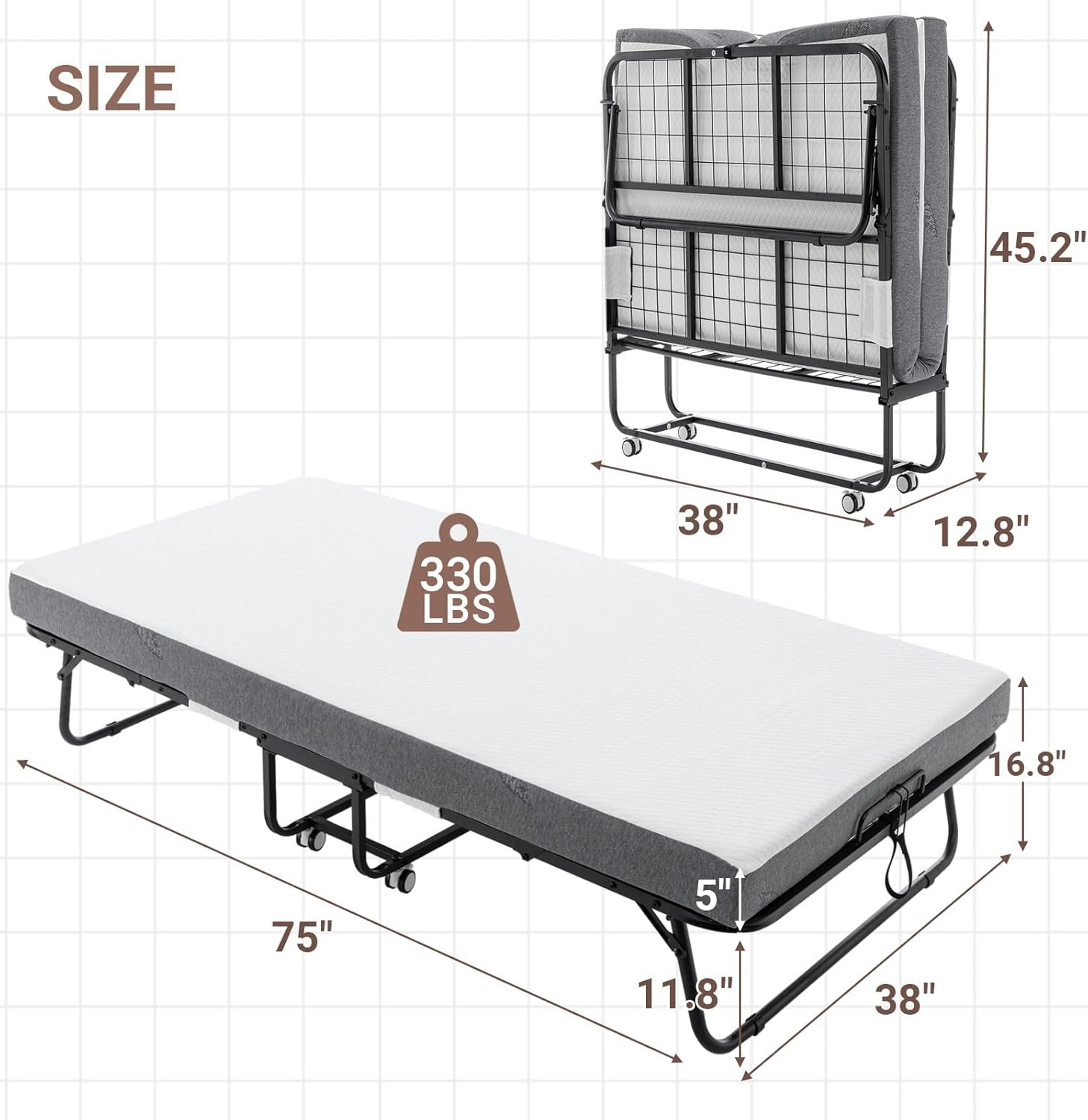 Portable Rollaway Bed with Memory Foam Mattress, Space-Saving Design, 75"x38 gallery