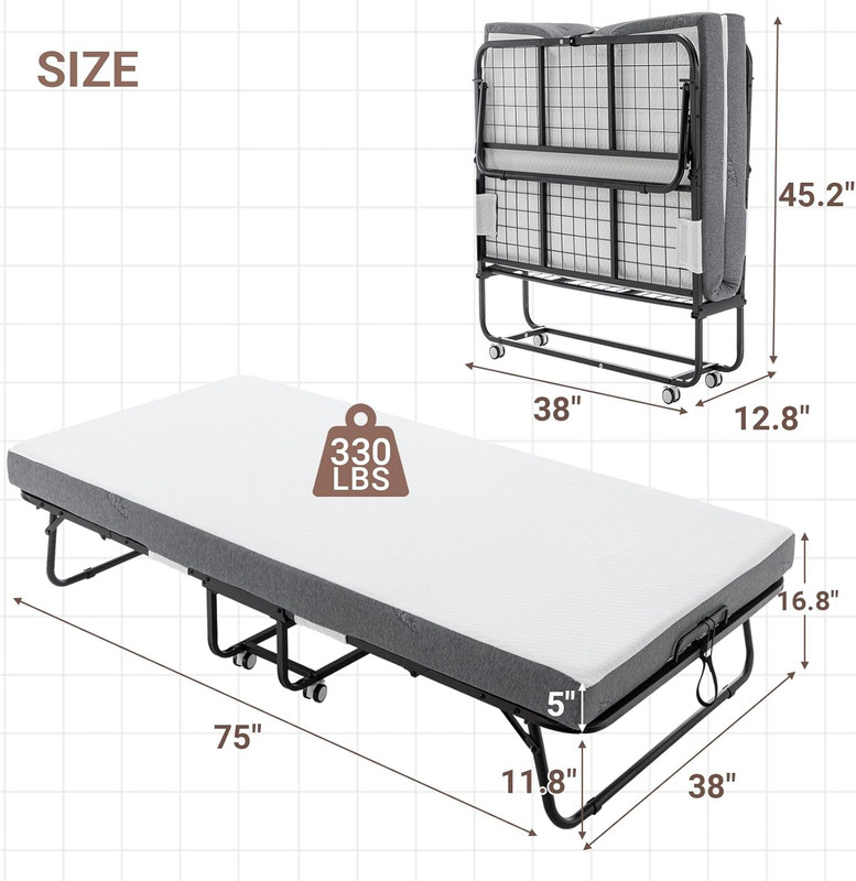 Portable Rollaway Bed with Memory Foam Mattress, Space-Saving Design, 75"x38 gallery