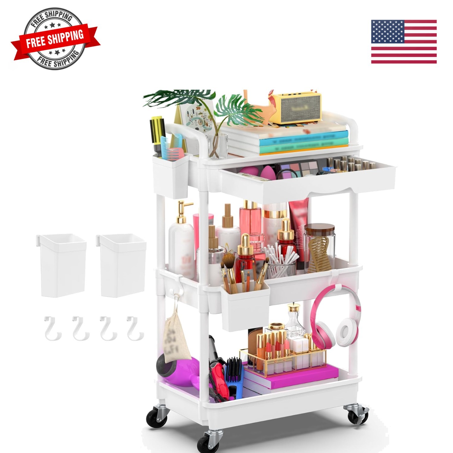 3 Tier Rolling Utility Cart Organizer with Removable Drawer, Stable and Sturd... gallery