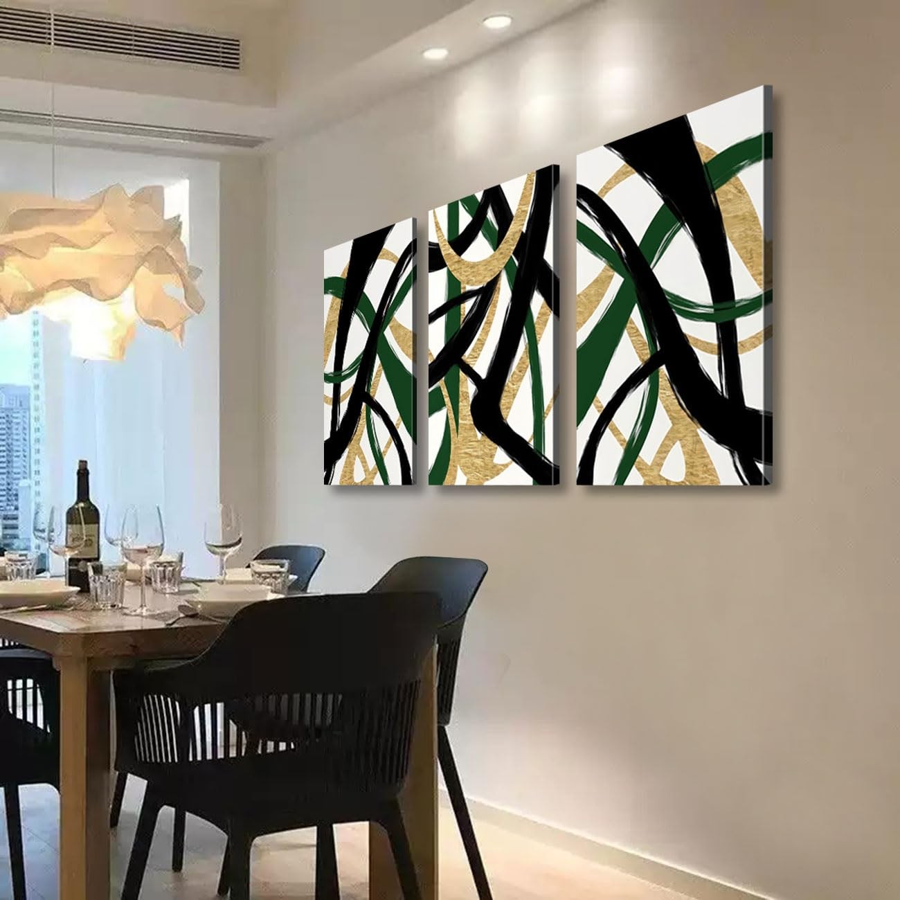 3Pcs Framed work Abstract Lines Canvas Wall Art Modern Black, Green, Gold Geo... gallery