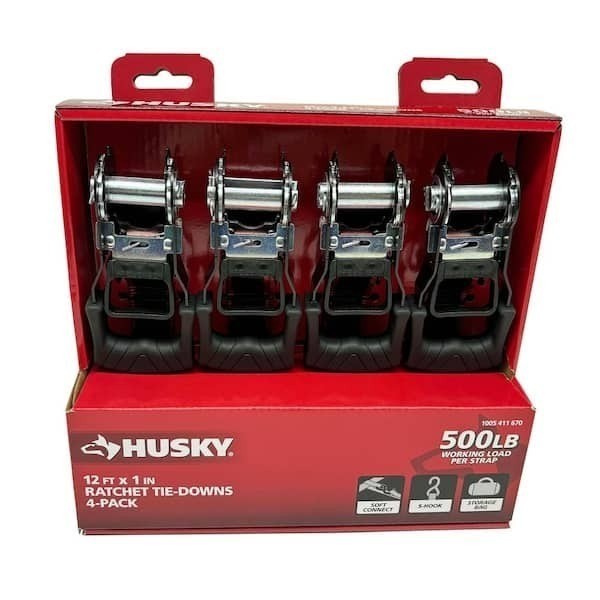 HUSKY RATCHET TIE-DOWN STRAPS 4-PACK 1 in. x 12 ft. Quick Release Hook 1500 lbs gallery
