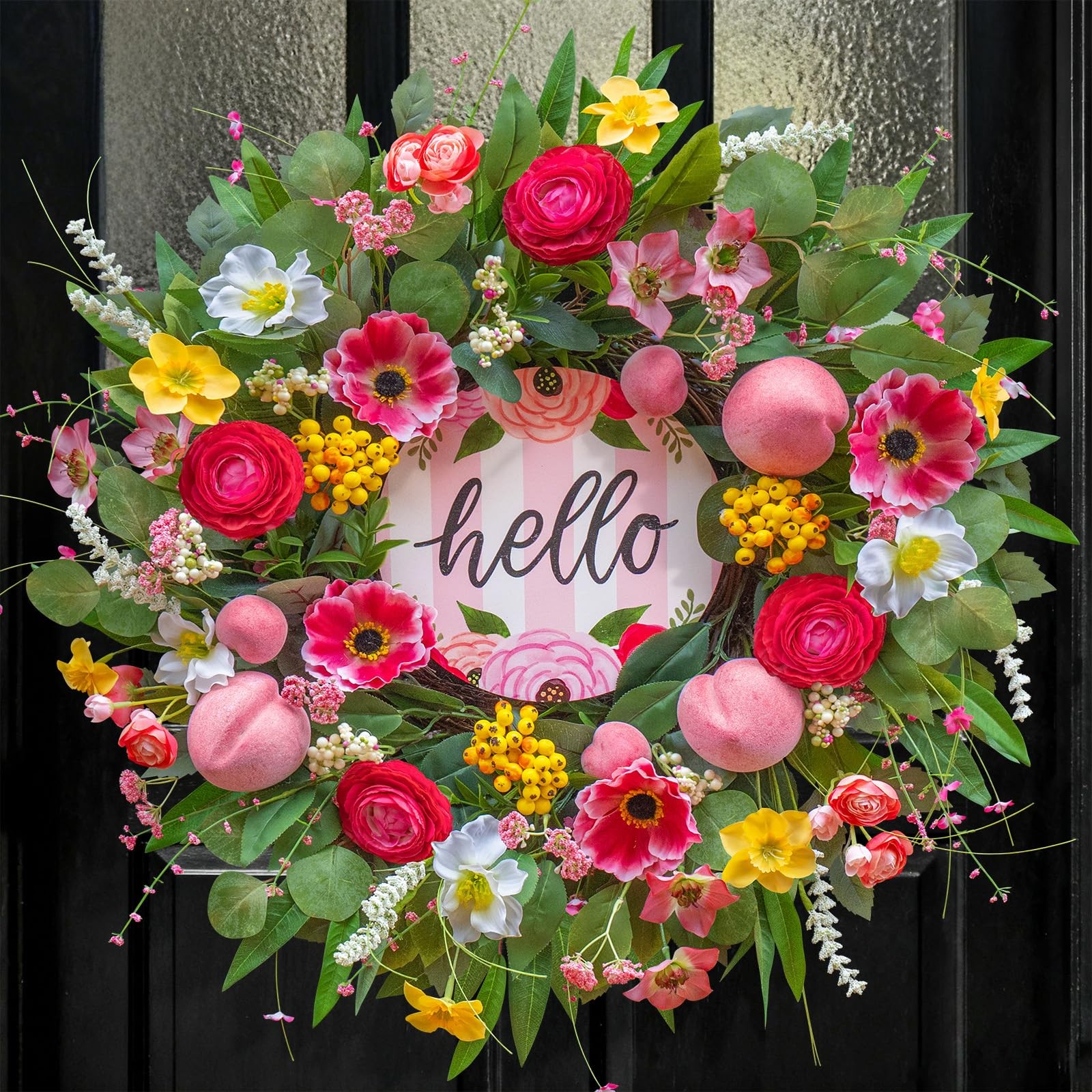 24 Inch Front Door Wreath Hello Sign Cherry Blossom Pink Roses Summer Spring gallery