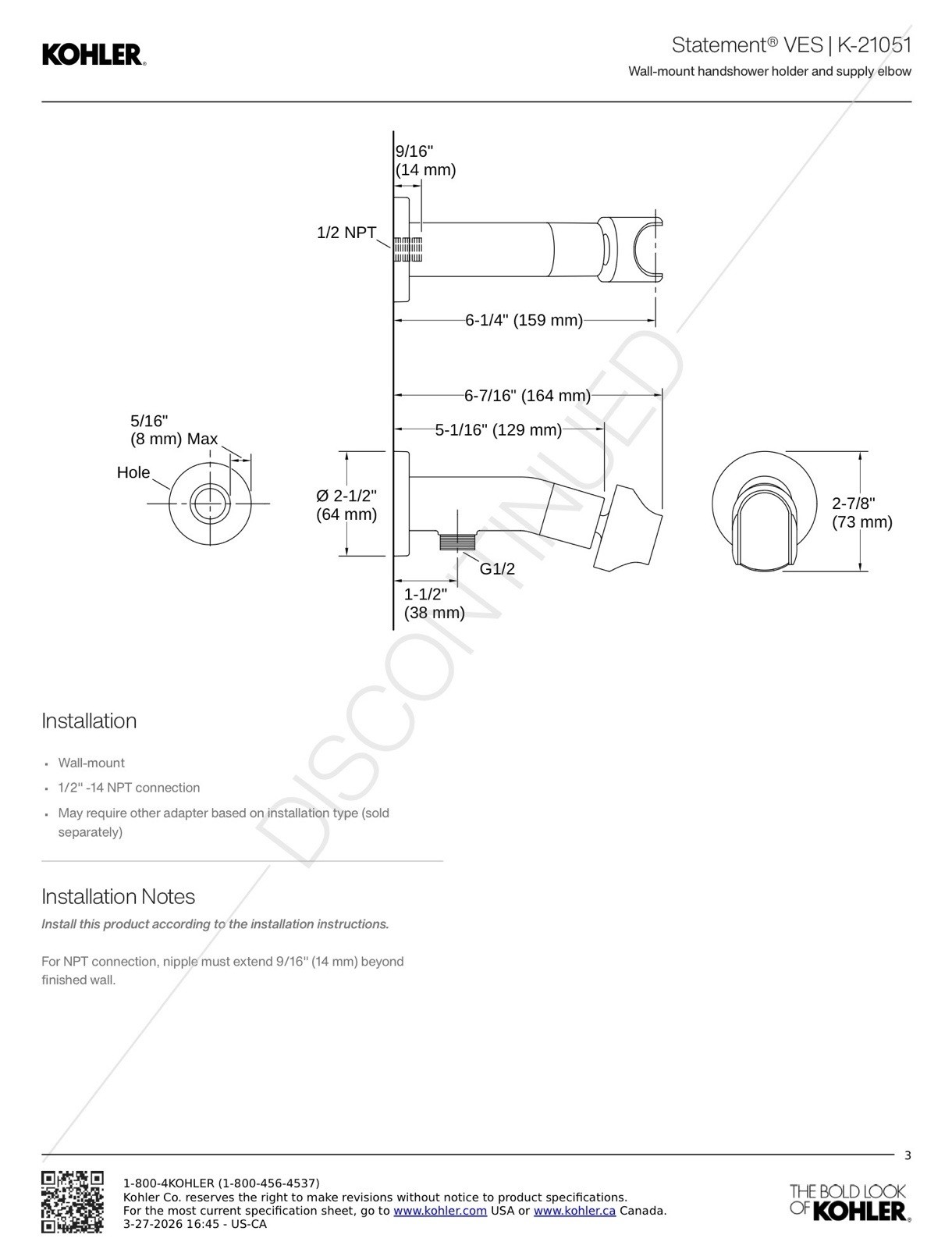 Kohler Statement® VES Wall-mount handshower holder and supply elbow K-21051-CP gallery